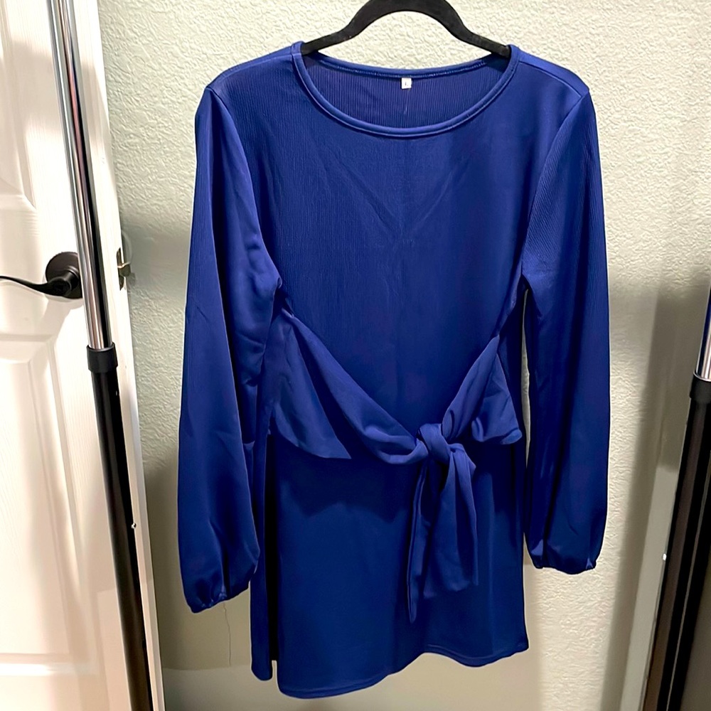 Navy blue long sleeve dress with tie front